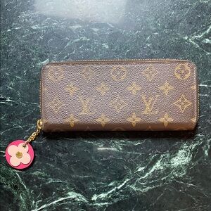 Louis Vuitton Monogram Zippy Wallet with Pink Flower Charm